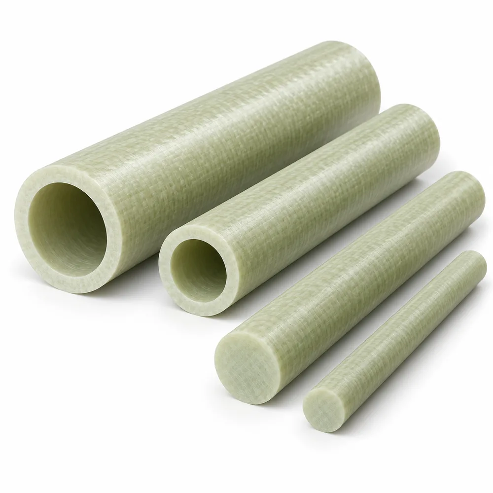AI-generated illustration of generic glass-epoxy hollow tubes and solid rods; not an actual product photograph
